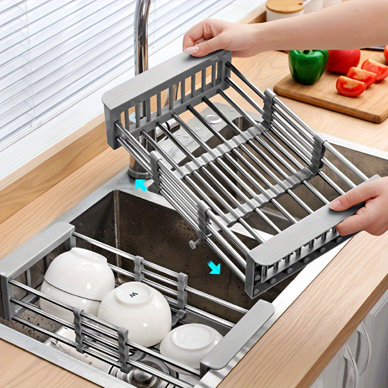 1pc, Sink Colander, Vegetable Sink Washing Basket, Fruit Drain Basket Rack, Stainless Steel Drain Basket, Strainer Basket, Adjustable Sink Rack, Multifunctional Colander, Kitchen Stuff, Kitchen Gadgets, Kitchen Accessories