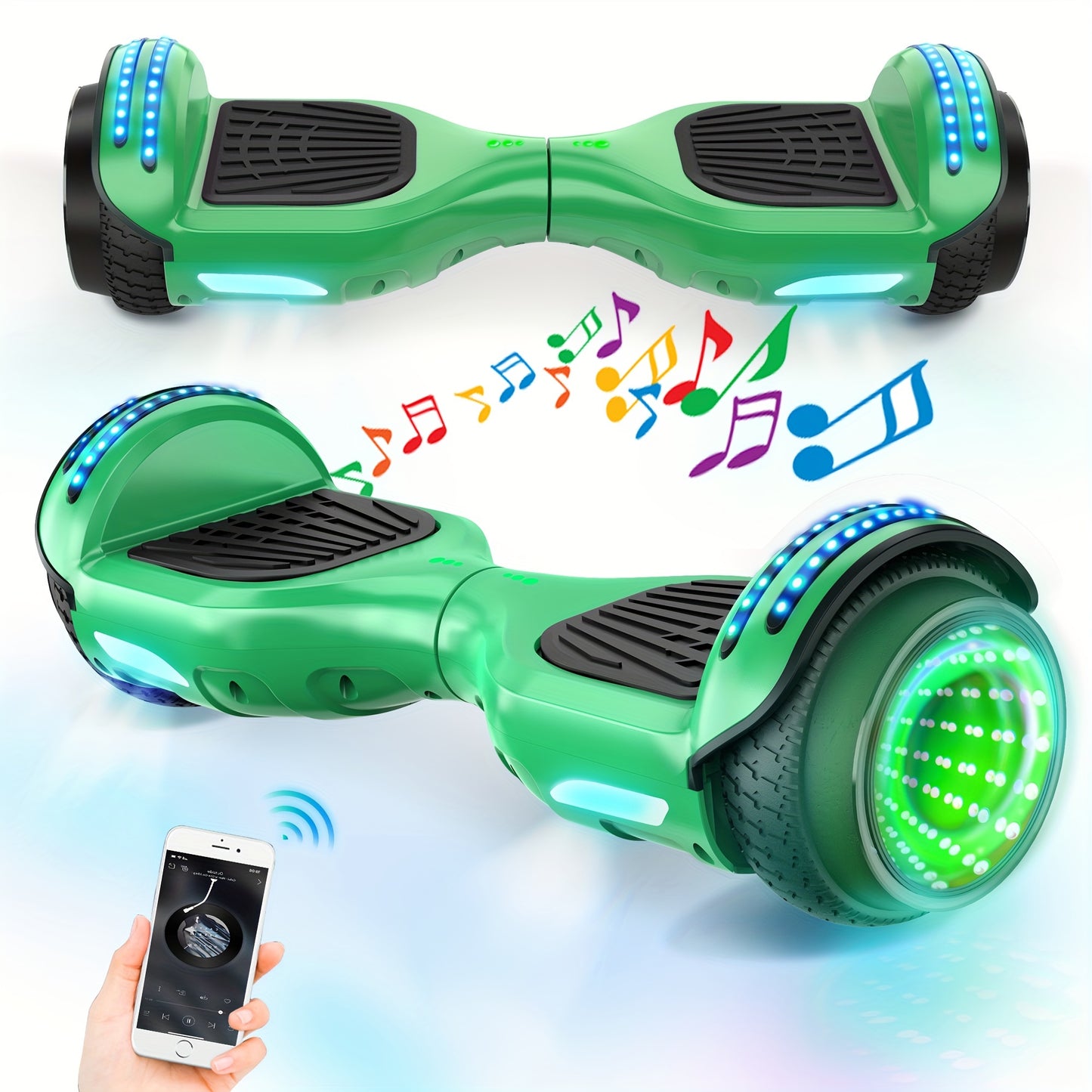 SISIGAD 6.5'' Hoverboard, Wireless Hover board with Clolorful LED Lights, Self Balancing Electric Scooter for Adults, Green & Tunnel 4 Color Light-emitting Motor