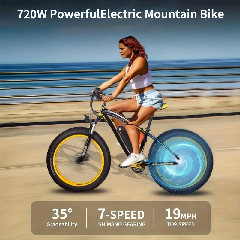Electric Bike, 48V12.5A, 720W Brushless Motor, 7 Speed, Double Disc Brake, Use Snow, Road, Mountain Electric Bike 26*4 Fat Tire With LCD Screen, Mountain Bike