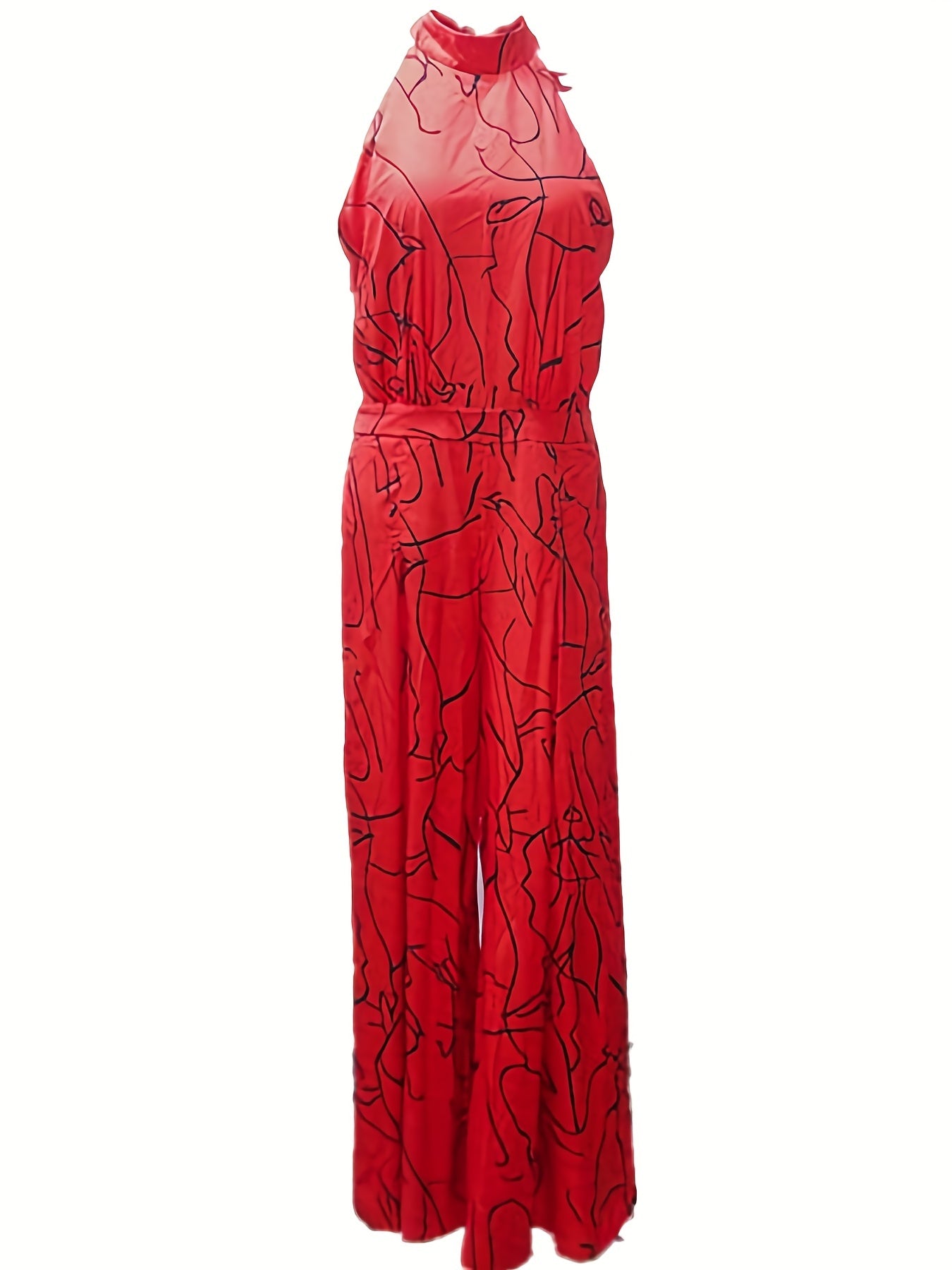 Elegant Waist Halter Jumpsuit, Casual Print Tie Sleeveless Waist Summer Wide Leg Long Pant Jumpsuit, Women's Clothing