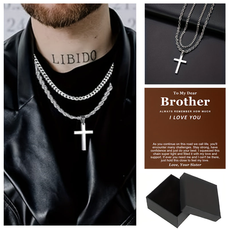 3pcs To My Brother Handmade Rope Cross Pendant Cuba Necklace Father's Day Gift For Him Gift Box Hip Hop Titanium Steel Gift for Him Man Father Best Dad Women Mother's Day Jewelry Waterproof Fashion Trendy Simple Jewelry birth