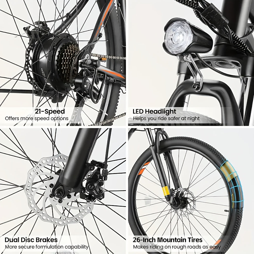 26" Electric Bike for Adults, 21-Speed Mountain EBike with 500W Peak Motor, Up to 20 MPH, 60 Miles Max Range, Electric Bicycle with Removable Battery & 5-Working Modes