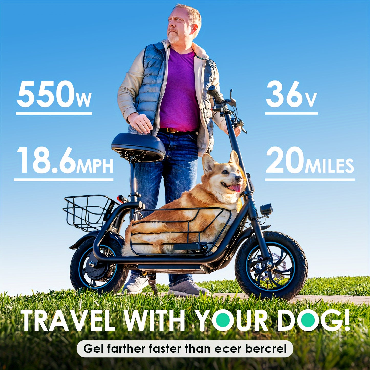 Electric Scooter with Seat for Adults, 550W Powerful Motor, 20-Mile Range, Speed up to 18.6MPH, Ample Storage for Pets & Cargo