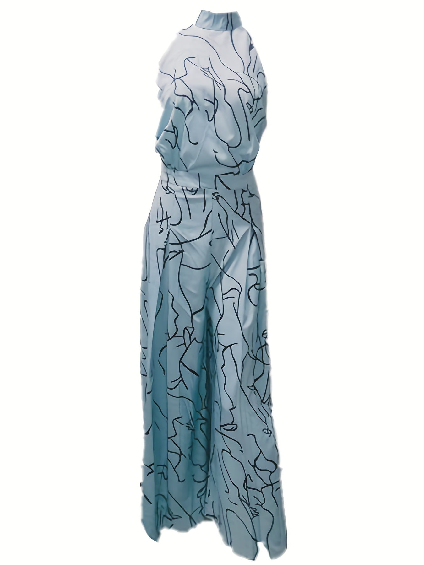 Elegant Waist Halter Jumpsuit, Casual Print Tie Sleeveless Waist Summer Wide Leg Long Pant Jumpsuit, Women's Clothing