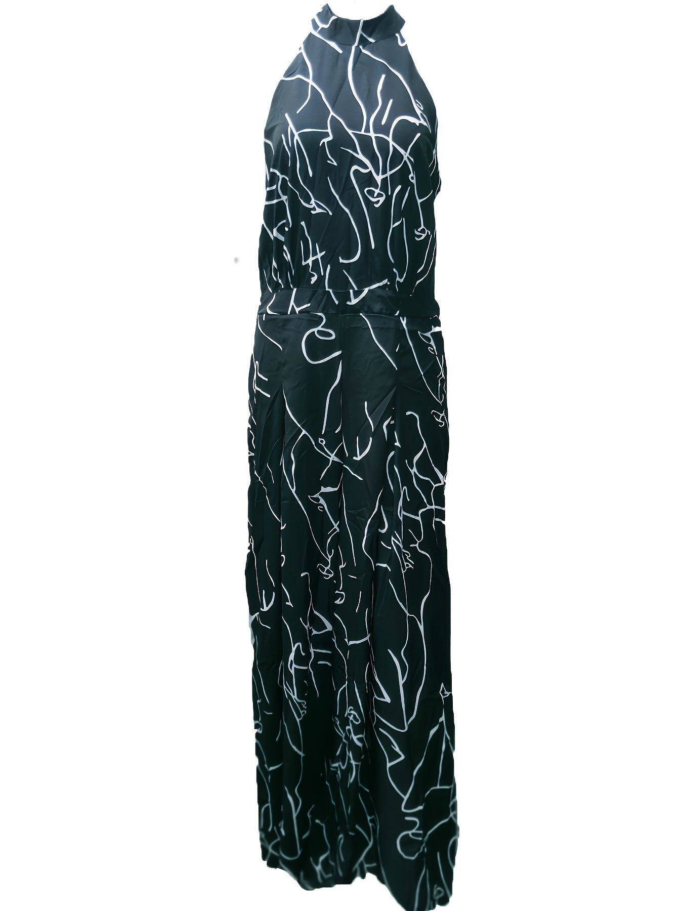 Elegant Waist Halter Jumpsuit, Casual Print Tie Sleeveless Waist Summer Wide Leg Long Pant Jumpsuit, Women's Clothing