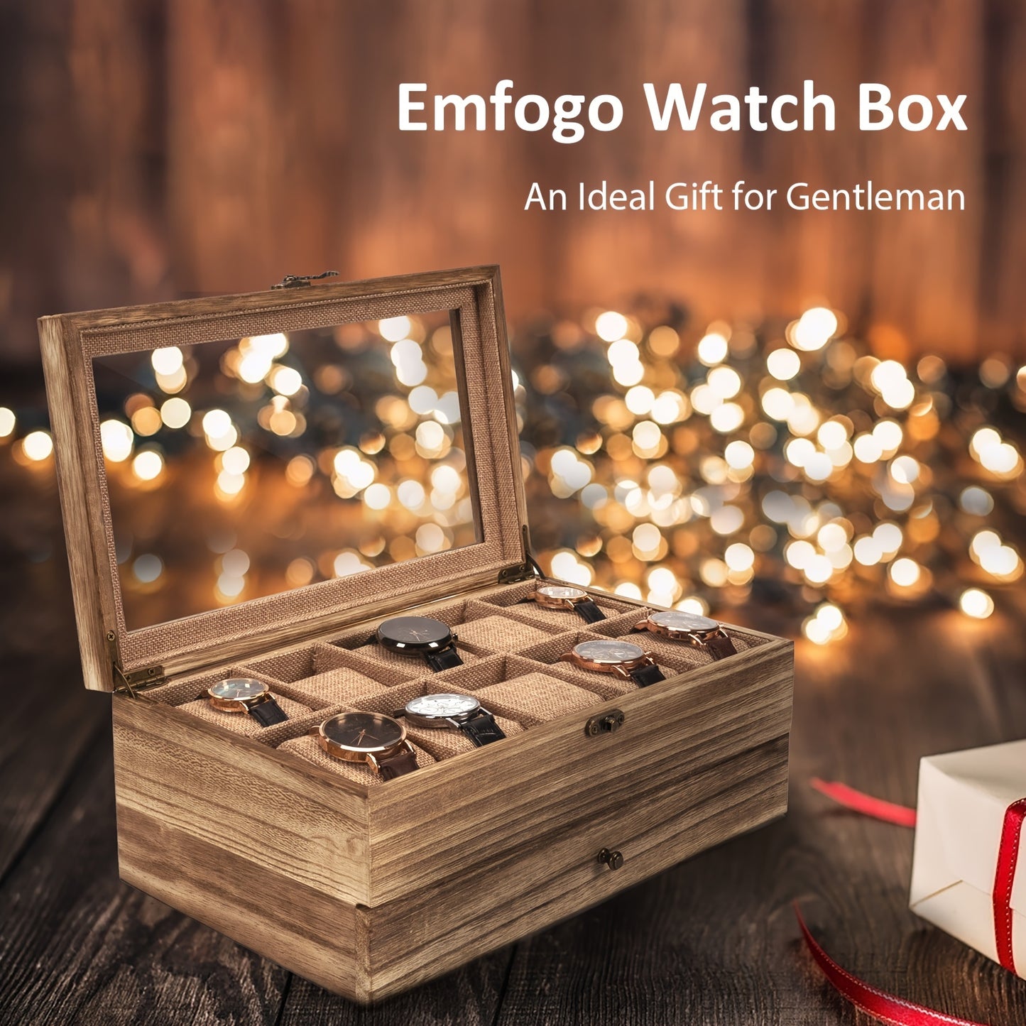 10-Slot Rustic Brown Wooden Watch Box - Large Capacity Watch Case for Men and Women, Display Organizer with Soft Velvet Interior, Perfect Gift for Boyfriend, Fathers Day, Birthday, and Anniversary
