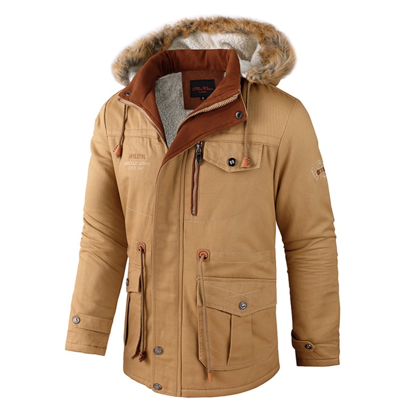 New Men's Fashion Warm And Thick Lamb Woolen Fleece Bomber Jacket Casual Tooling Zipper Hooded Windbreaker Jacket For Winter