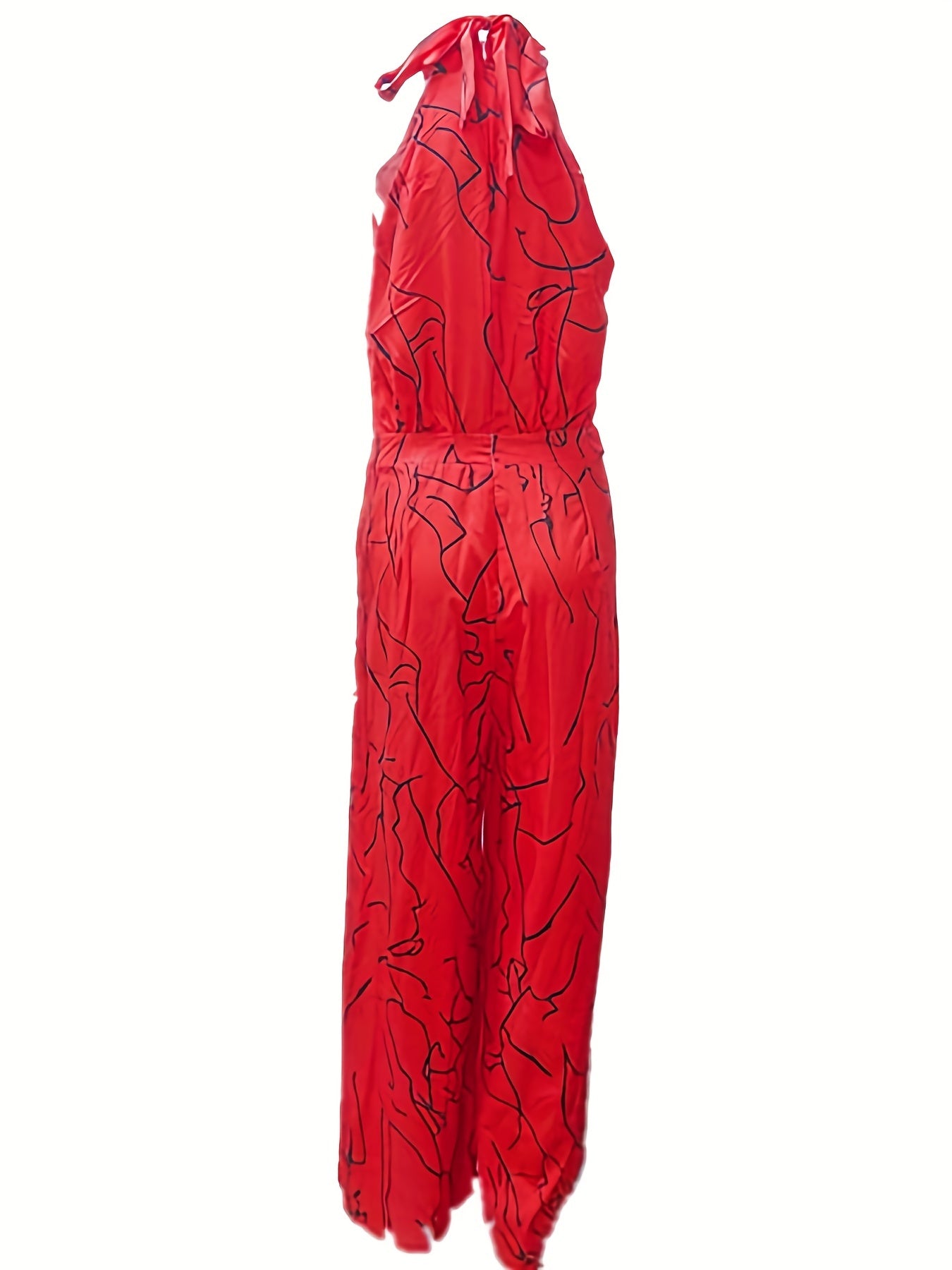 Elegant Waist Halter Jumpsuit, Casual Print Tie Sleeveless Waist Summer Wide Leg Long Pant Jumpsuit, Women's Clothing