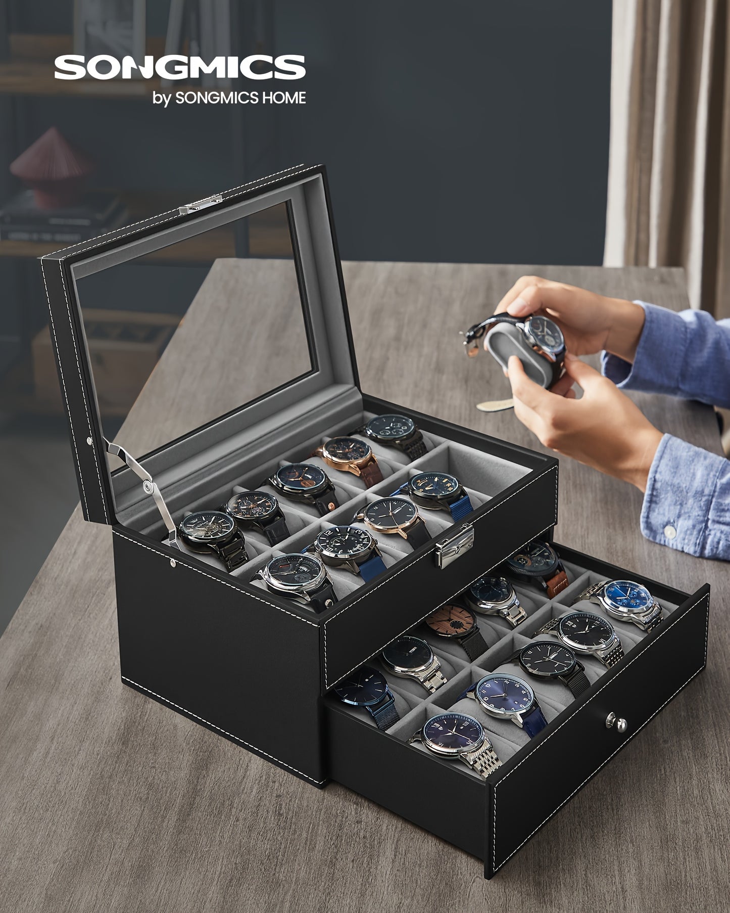 SONGMICS 20-Slot Watch Box, Watch Case With Glass Lid, 2 Layers, Lockable Watch Display Case, Black Synthetic Leather, Gray Lining, The Best Christmas Gifts For Men, Women, Father, Mother And Friends