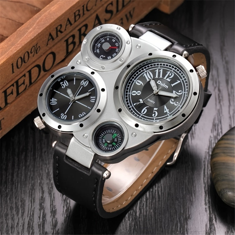 1pc Men's Large Face Outdoor Sports Quartz Watch with Belt Compass, Camping Timepiece, Water Resistant, Shockproof, LED Backlight, Date Display, and Alarm Function for Hiking, Climbing, and Adventure