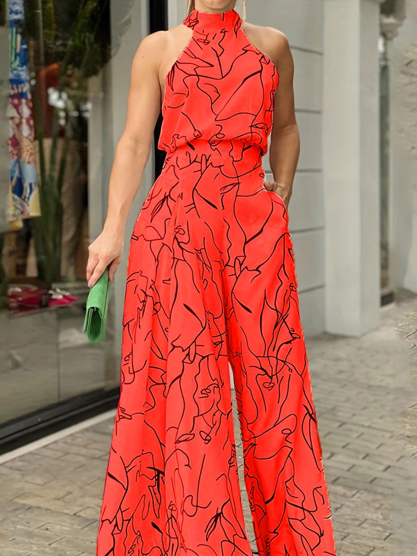 Elegant Waist Halter Jumpsuit, Casual Print Tie Sleeveless Waist Summer Wide Leg Long Pant Jumpsuit, Women's Clothing