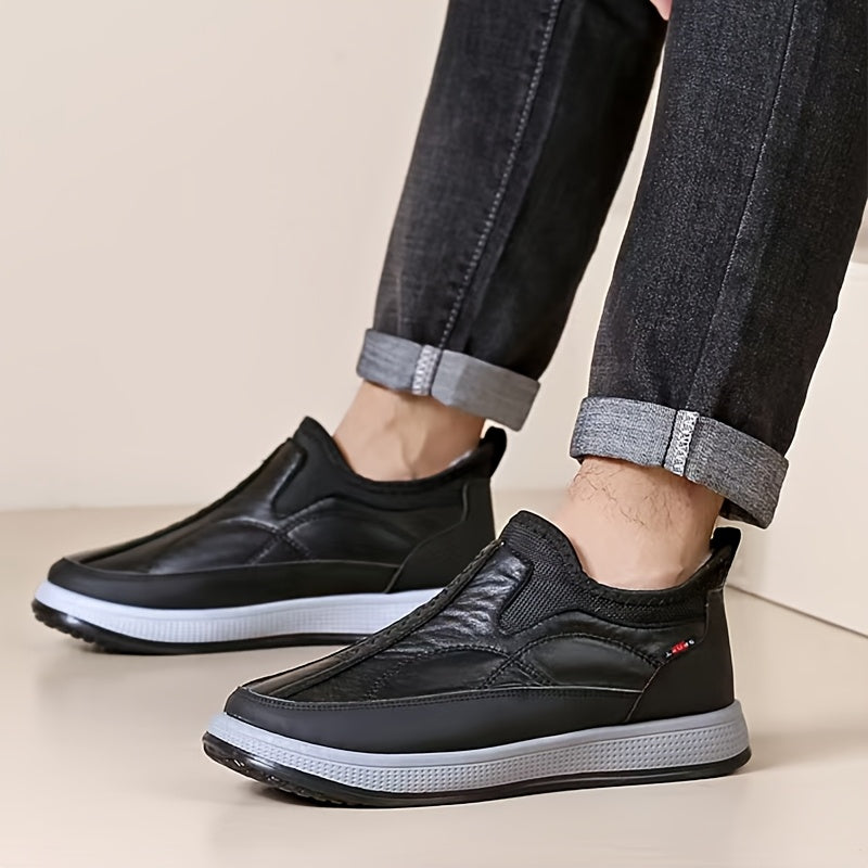 1 Pair Winter Warmth Men'S Shoes with Fleece Lining, Solid Color Slip-On Wool-Lined Dad Shoes, Casual Outdoor Footwear for Middle-Aged and Elderly, Round Toe PVC Sole, Microfiber Synthetic Upper, Fabric Inner & Insole