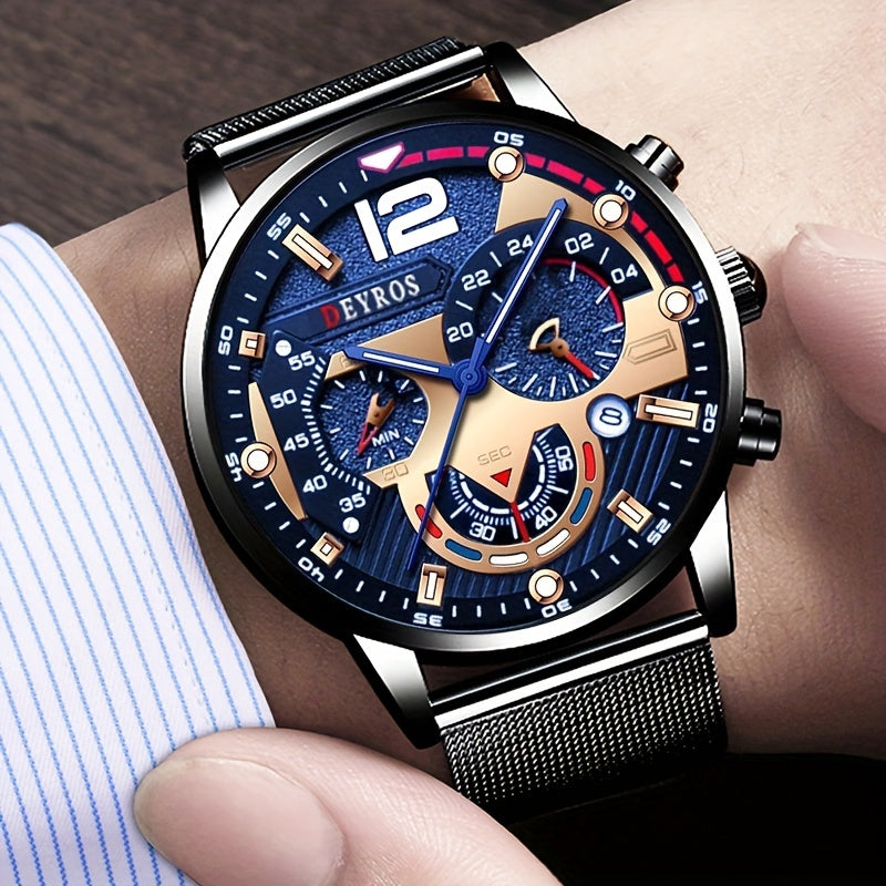DEYROS Mens Elegant Quartz Watch – Sleek Mesh Strap, Date Display, for Business & Casual Wear