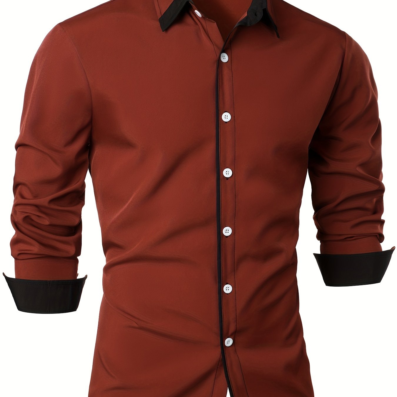 Mature Style Men's Casual Trim Contrast Button Long Sleeve Shirt, Spring Fall