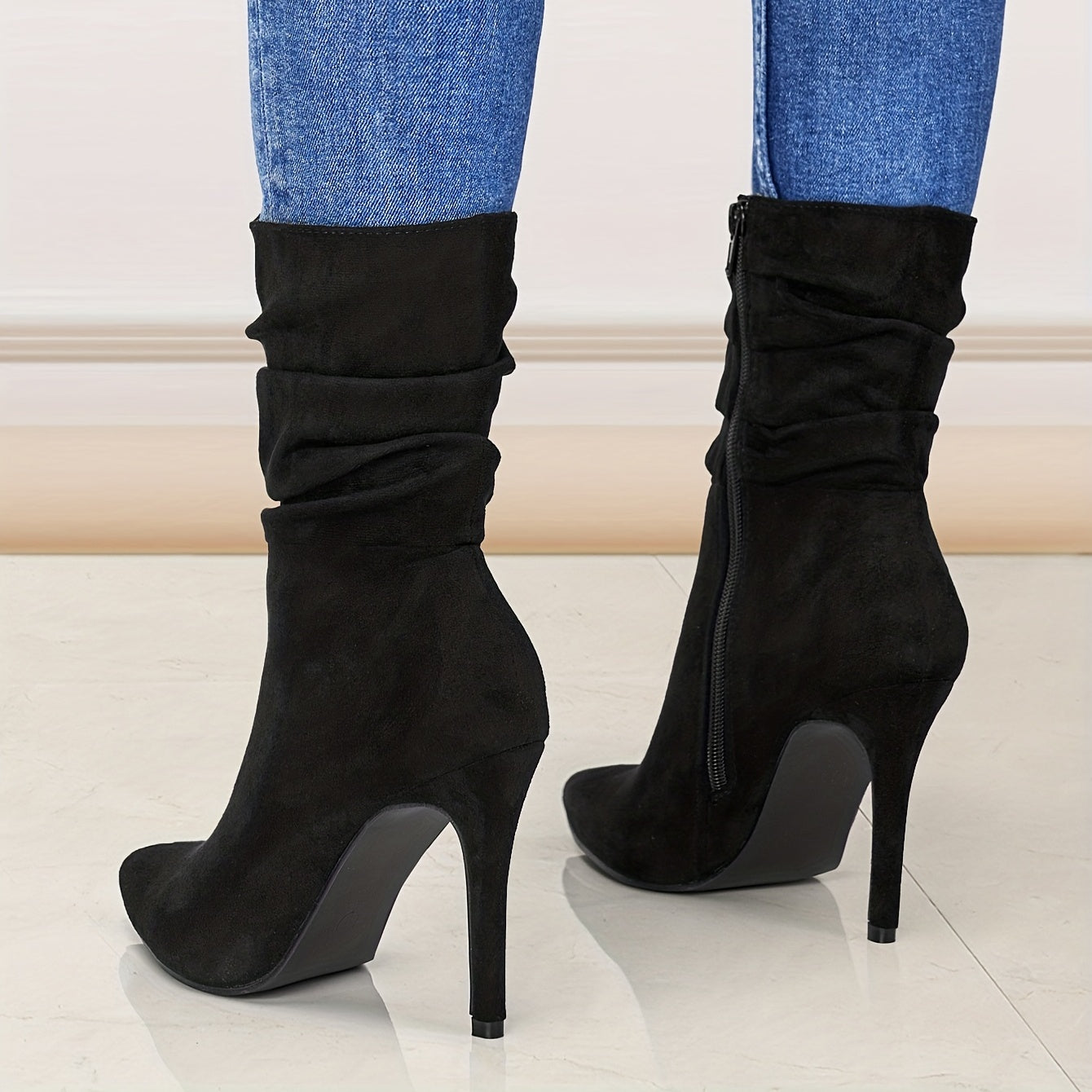 Ultrahigh Heel Stiletto Pointed Toe Slouchy Boots for Women - Zipper Closure, Soft Fabric Inner, PU Faux Leather Insole, Rubber Sole, Perfect for Dress Occasions - Solid Color, Flannel Upper, Comfortable and Stylish
