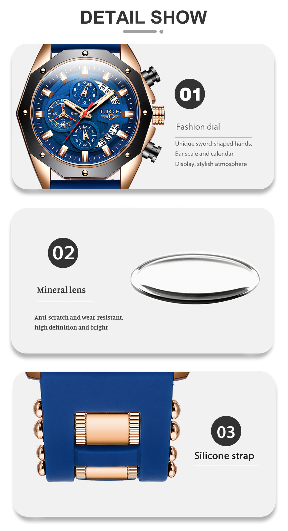 LIGE Mens Watches With Silicone Strap Sport Chronograph Quartz Watch
