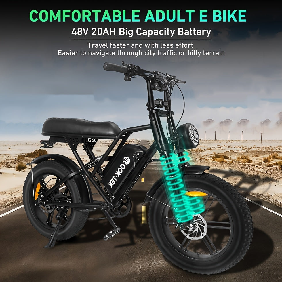 V9-G60 Electric Bike, 48V 20Ah Removable Battery 20" Fat Tire Electric Bike, 740W Motor 19MPH Top Speed Electric Motorcycle, 7 Speed Dual Disc/Hydraulic Brake E Bikes