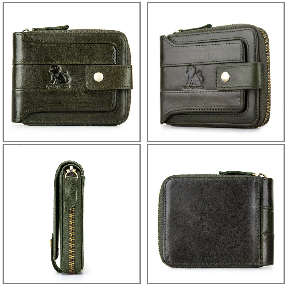 Men's Retro Genuine Leather Multi-Card Wallet with Zip, Large Capacity, Anti-Theft