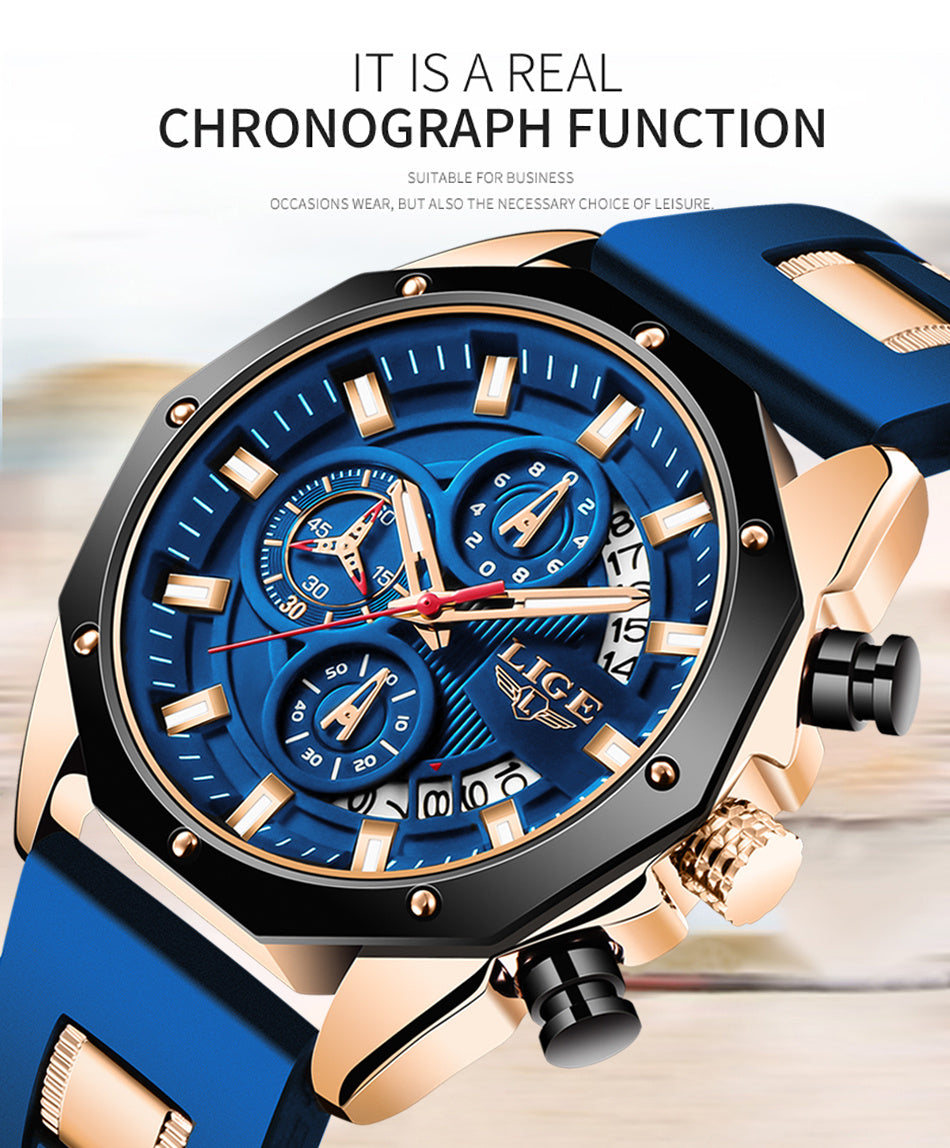 LIGE Mens Watches With Silicone Strap Sport Chronograph Quartz Watch