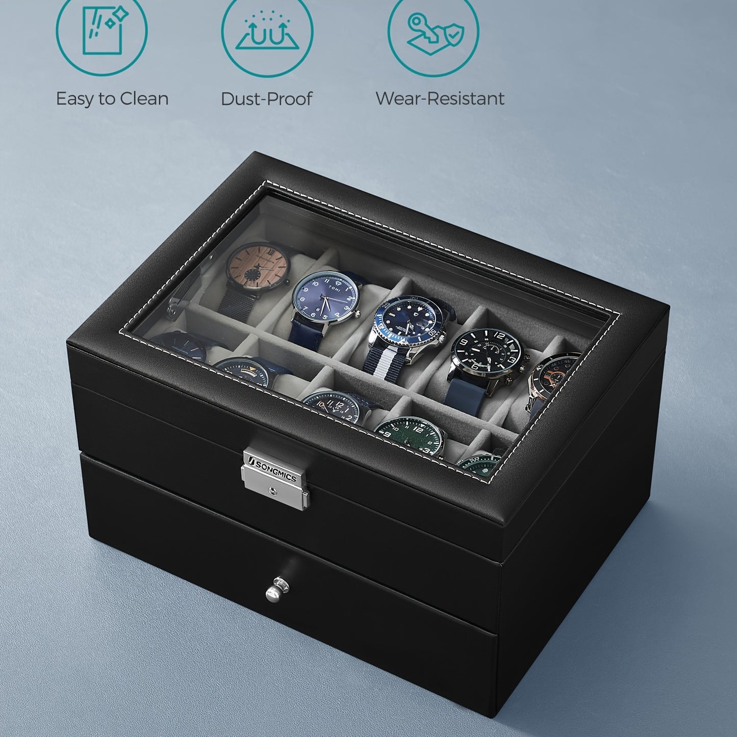 SONGMICS 20-Slot Watch Box, Watch Case With Glass Lid, 2 Layers, Lockable Watch Display Case, Black Synthetic Leather, Gray Lining, The Best Christmas Gifts For Men, Women, Father, Mother And Friends