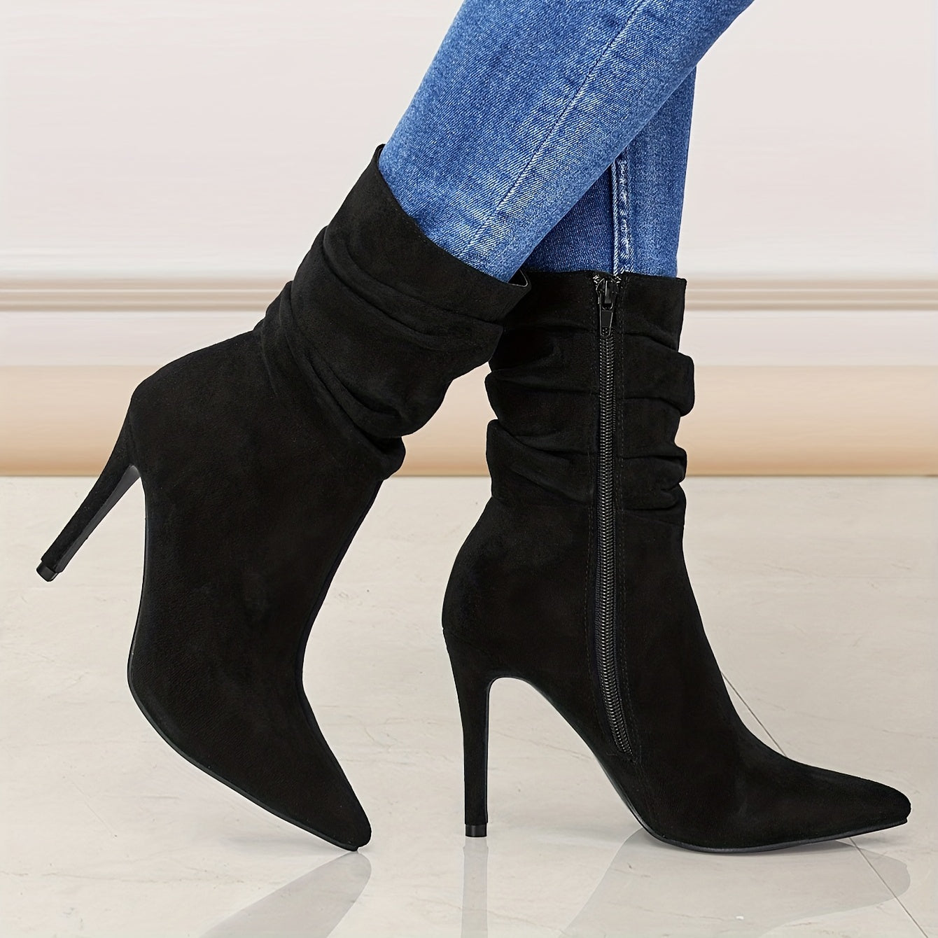 Ultrahigh Heel Stiletto Pointed Toe Slouchy Boots for Women - Zipper Closure, Soft Fabric Inner, PU Faux Leather Insole, Rubber Sole, Perfect for Dress Occasions - Solid Color, Flannel Upper, Comfortable and Stylish