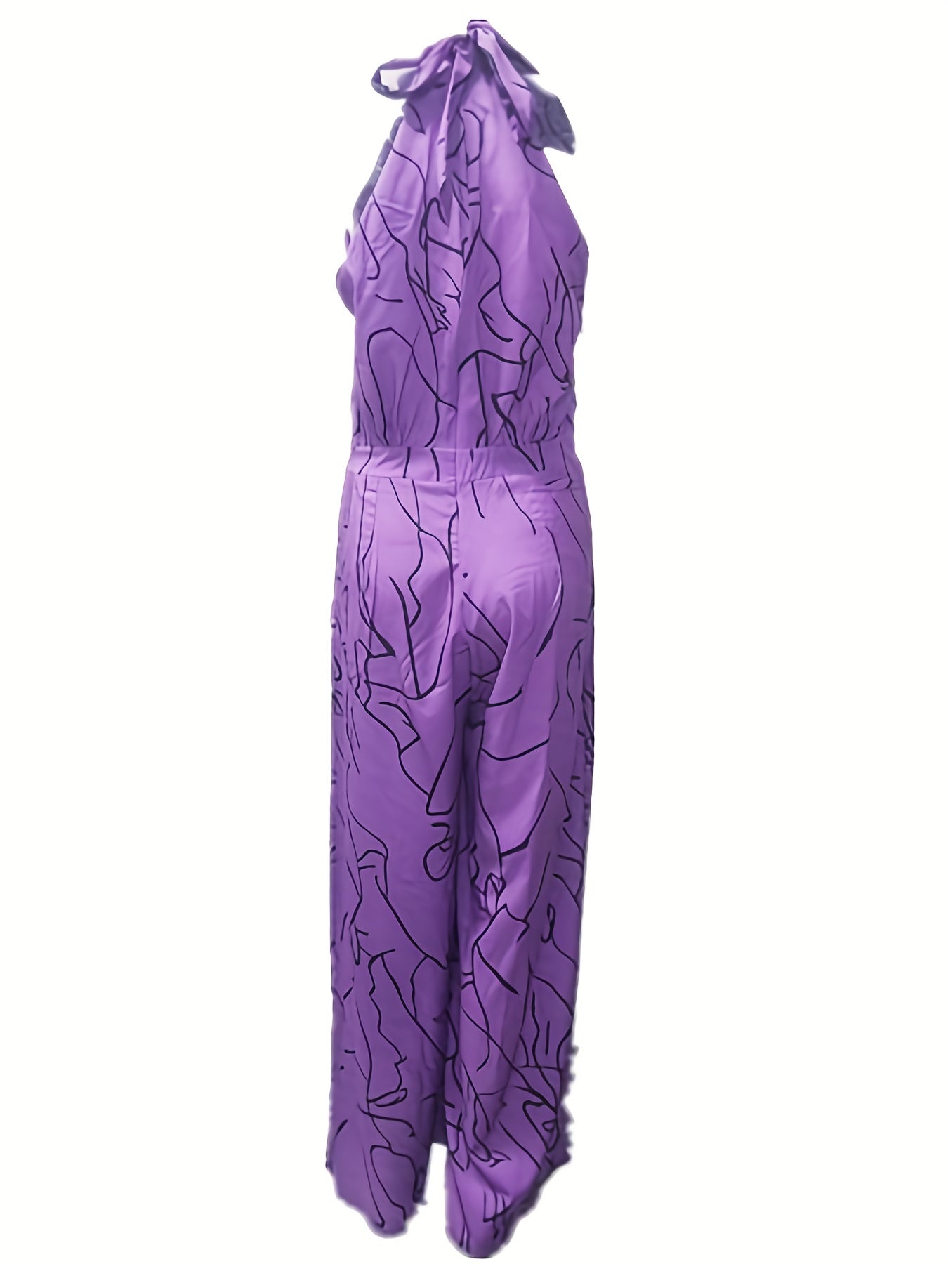 Elegant Waist Halter Jumpsuit, Casual Print Tie Sleeveless Waist Summer Wide Leg Long Pant Jumpsuit, Women's Clothing