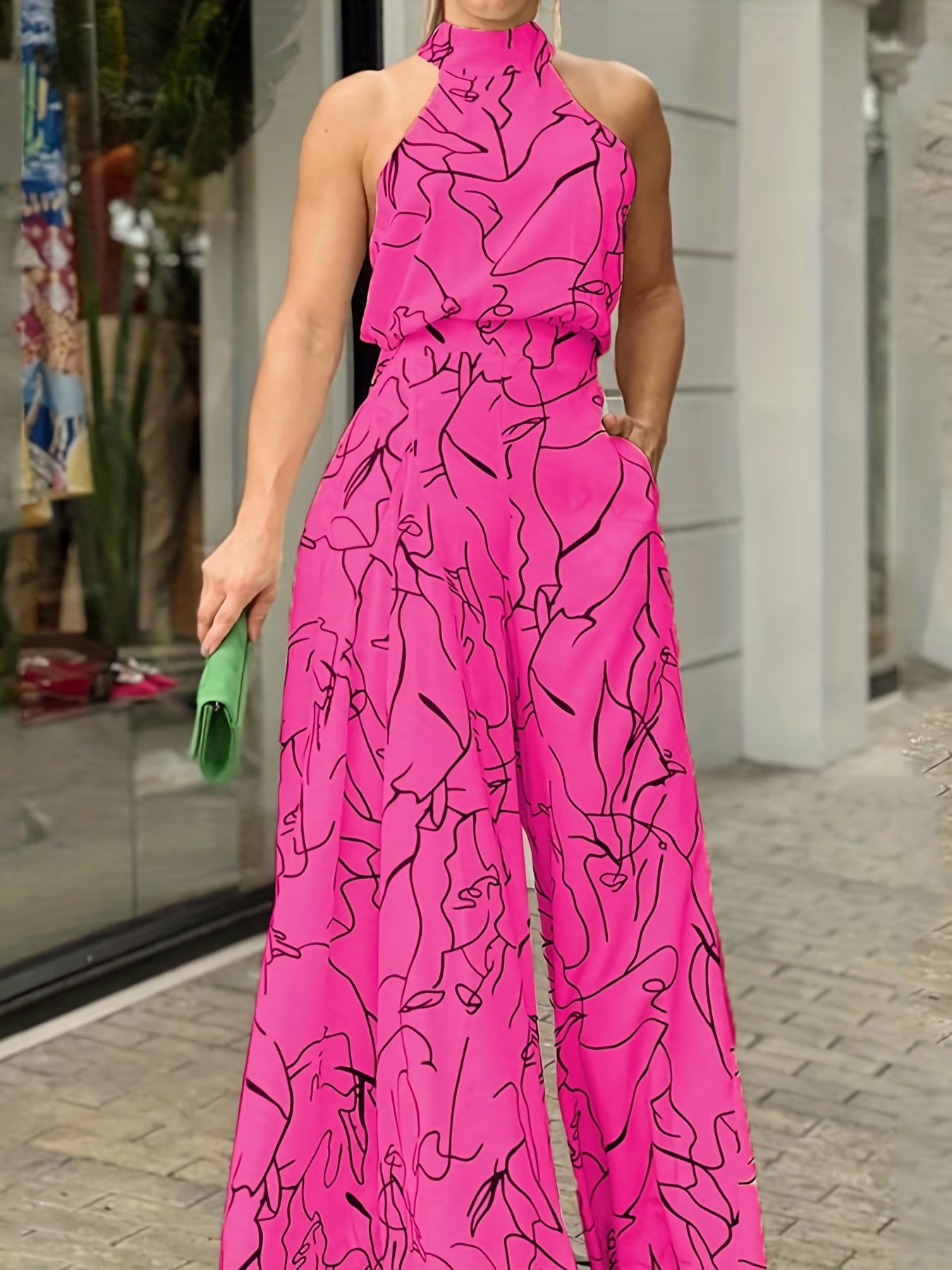 Elegant Waist Halter Jumpsuit, Casual Print Tie Sleeveless Waist Summer Wide Leg Long Pant Jumpsuit, Women's Clothing