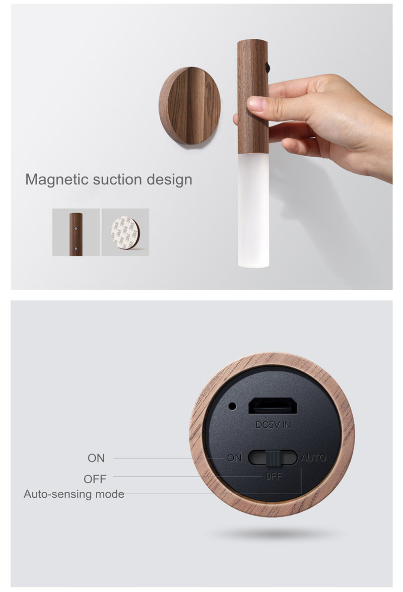 1pc Magnetic Wood Creative Intelligent Auto PIR Motion Sensor LED Rechargeable Night Light for Kitchen Cabinet