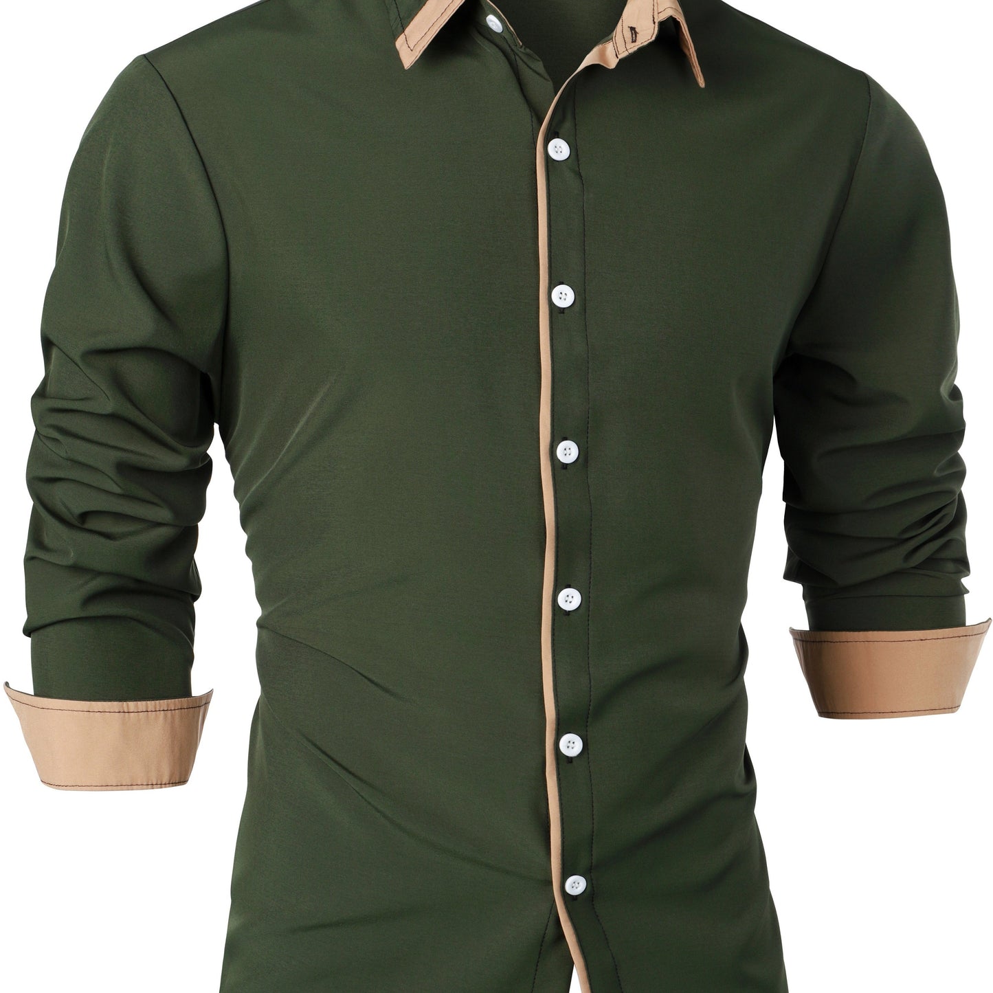 Mature Style Men's Casual Trim Contrast Button Long Sleeve Shirt, Spring Fall