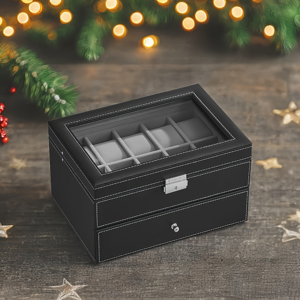 SONGMICS 20-Slot Watch Box, Watch Case With Glass Lid, 2 Layers, Lockable Watch Display Case, Black Synthetic Leather, Gray Lining, The Best Christmas Gifts For Men, Women, Father, Mother And Friends