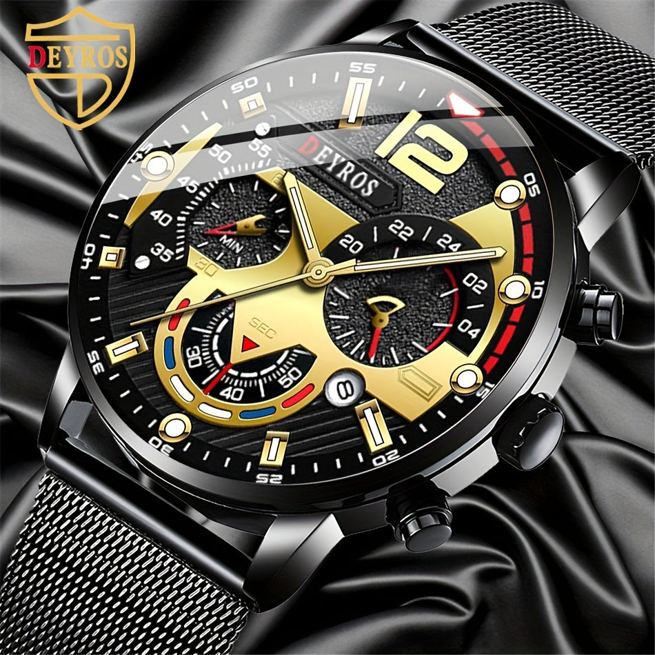DEYROS Mens Elegant Quartz Watch – Sleek Mesh Strap, Date Display, for Business & Casual Wear