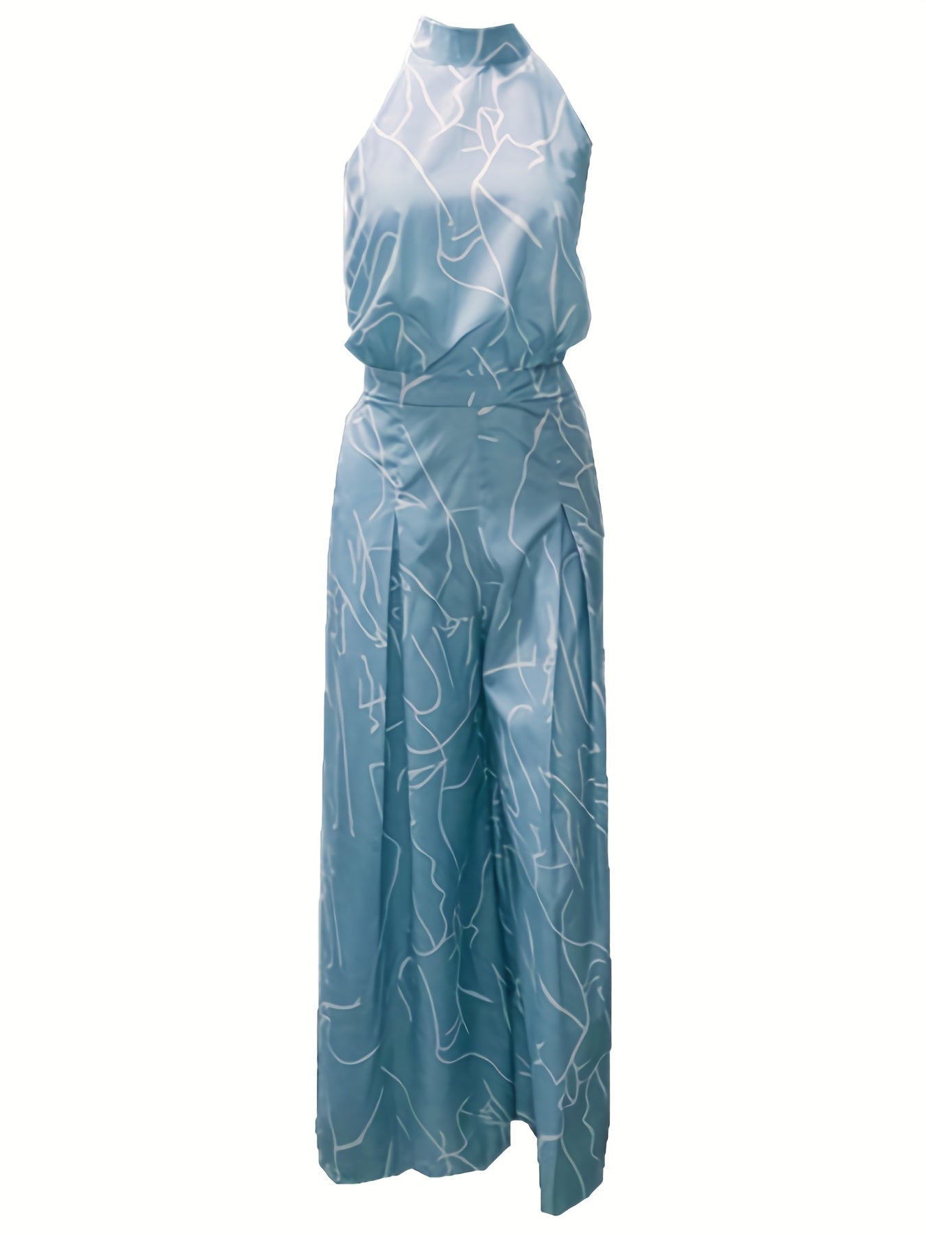 Elegant Waist Halter Jumpsuit, Casual Print Tie Sleeveless Waist Summer Wide Leg Long Pant Jumpsuit, Women's Clothing