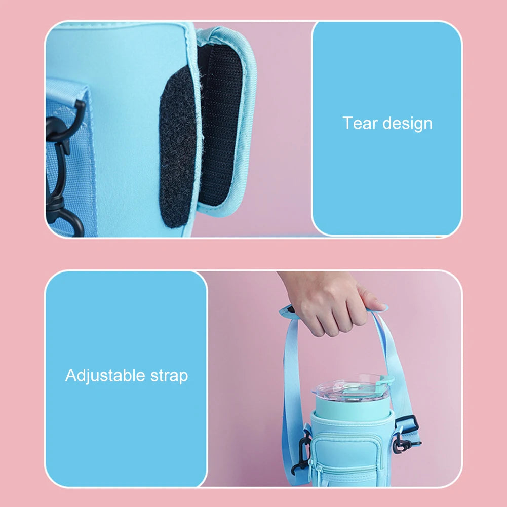 40oz Neoprene Water Bottle Carrier Bag For Stanley Quencher Cup Sleeve Non-slip Insulated Mug Cover Adjustable Shoulder Strap