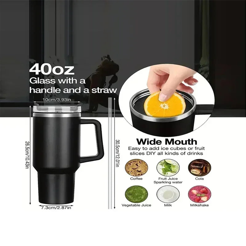 40oz 304 Stainless Steel Insulated Water Bottle,Thermal Coffee Car Cup, Cold Hot Mugs Vacuum Flask With Handle Straw,For Sport