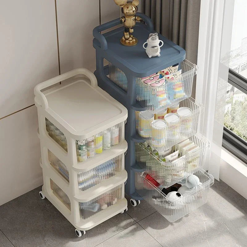 Kitchen Storage Cabinet Rack Transparent Multi-layer Small Cart Drawer Style Mobile Living Room Snack Sundries Shelf with Handle