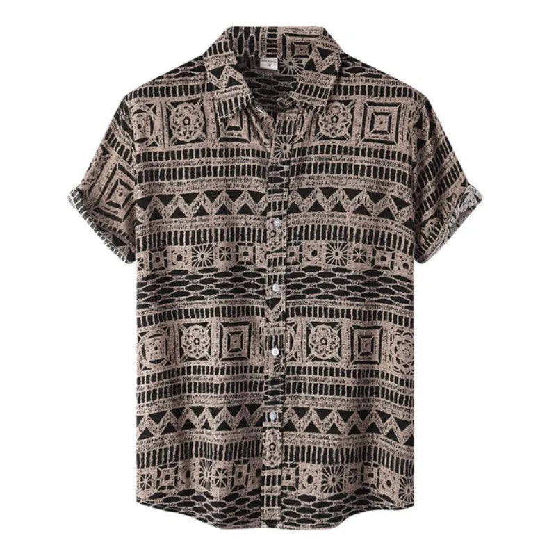 Ethnic Style men's Shirt Leisure Beach Breathable Button Shirts Outdoor Street Fashion Short Sleeved men's Lapel Hawaiian Tops
