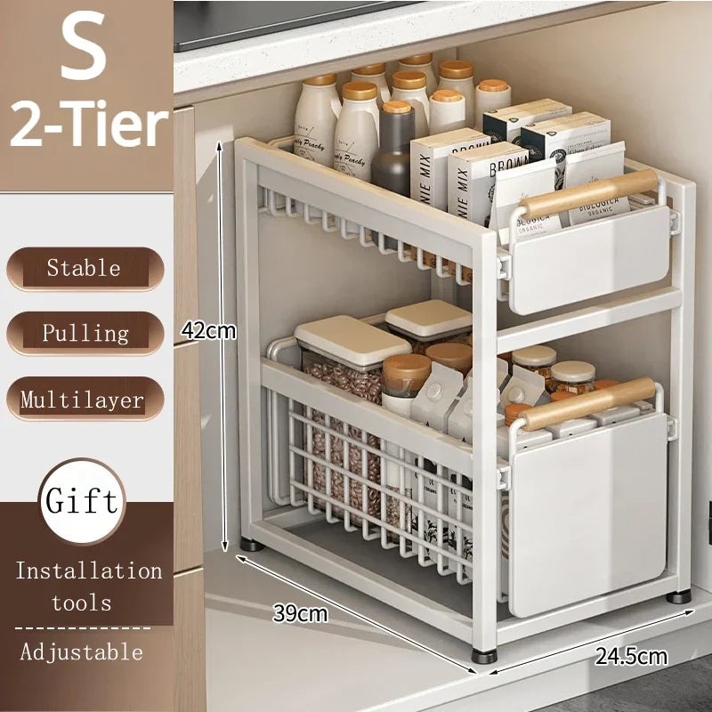 Kitchen Sink Storage Rack Sink Pull-Out Organizer Carbon Steel Bathroom Rack Layered Seasoning Storage Shelf Countertop Cabinet