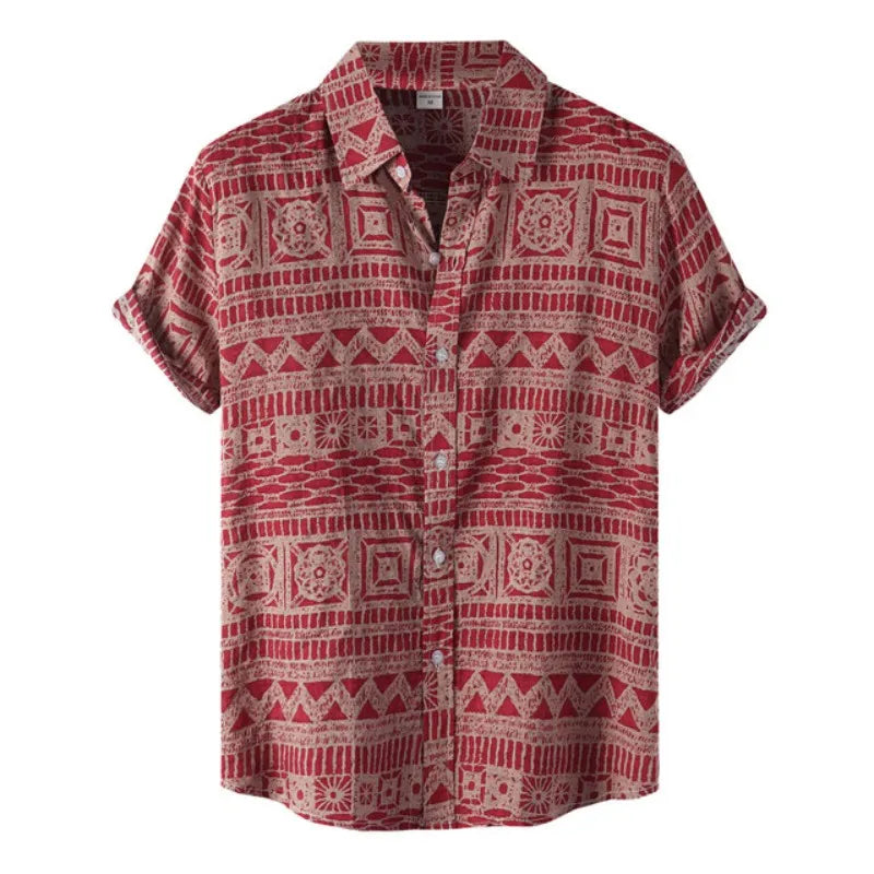 Ethnic Style men's Shirt Leisure Beach Breathable Button Shirts Outdoor Street Fashion Short Sleeved men's Lapel Hawaiian Tops
