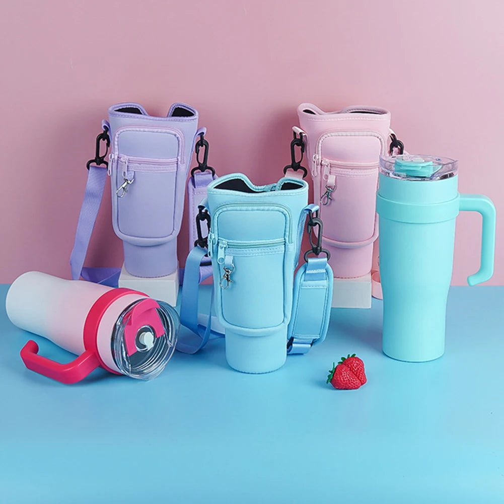 40oz Neoprene Water Bottle Carrier Bag For Stanley Quencher Cup Sleeve Non-slip Insulated Mug Cover Adjustable Shoulder Strap