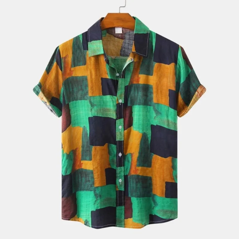 Ethnic Style men's Shirt Leisure Beach Breathable Button Shirts Outdoor Street Fashion Short Sleeved men's Lapel Hawaiian Tops