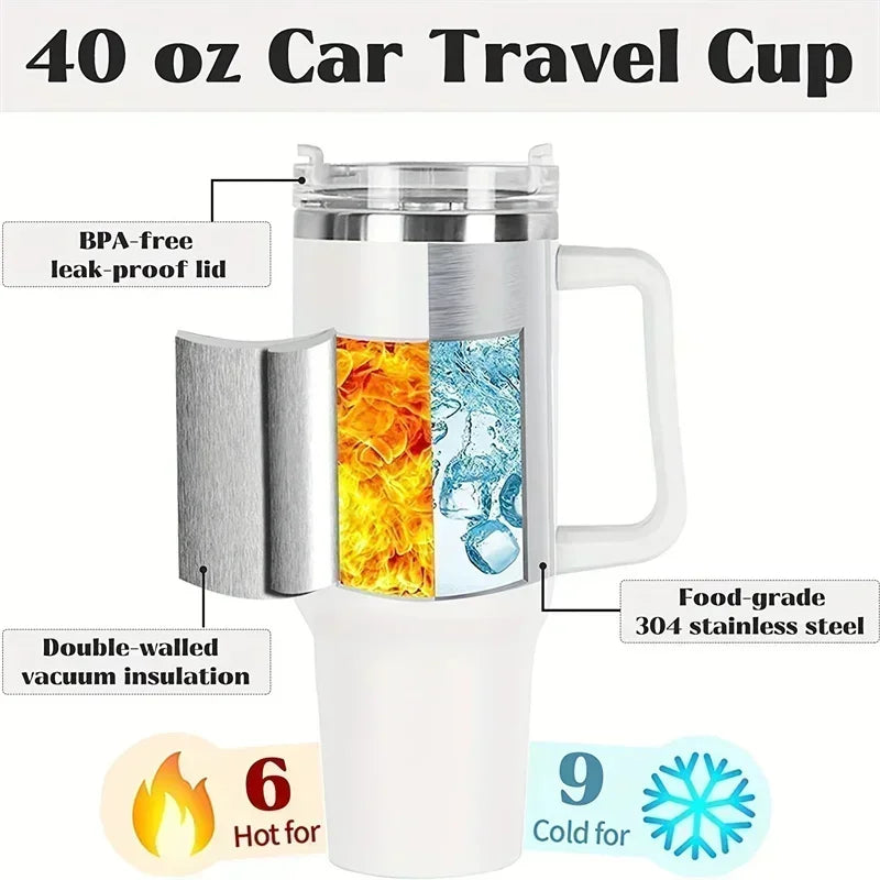 40oz 304 Stainless Steel Insulated Water Bottle,Thermal Coffee Car Cup, Cold Hot Mugs Vacuum Flask With Handle Straw,For Sport