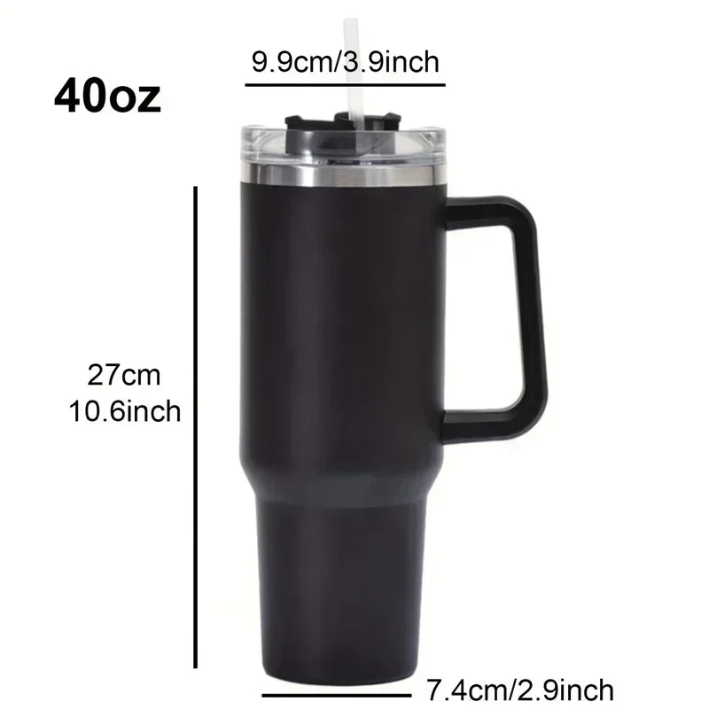 40oz 304 Stainless Steel Insulated Water Bottle,Thermal Coffee Car Cup, Cold Hot Mugs Vacuum Flask With Handle Straw,For Sport