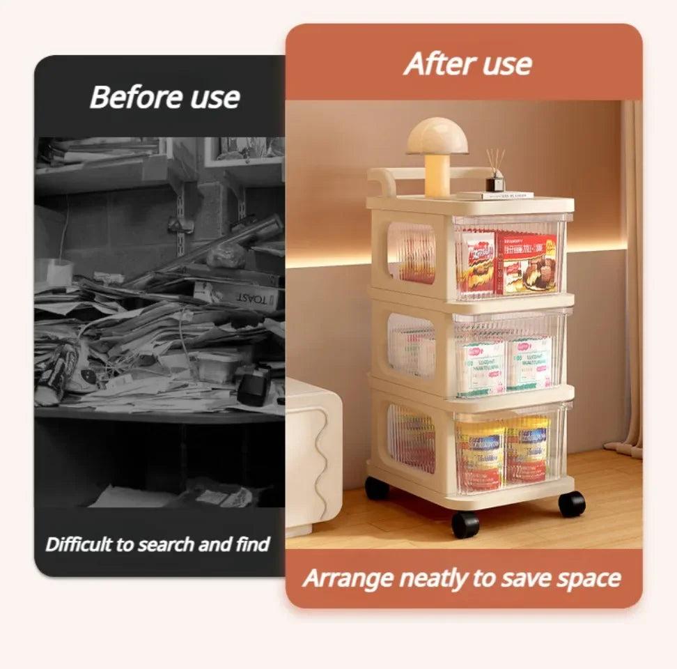 Kitchen Storage Cabinet Rack Transparent Multi-layer Small Cart Drawer Style Mobile Living Room Snack Sundries Shelf with Handle
