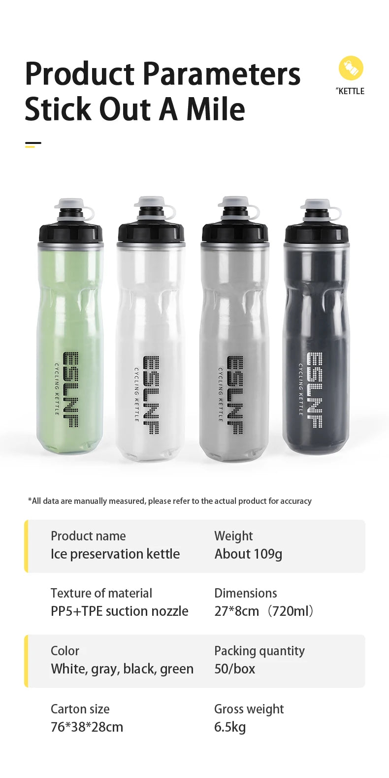 ESLNF Bike Kettle 720ml Mountain Road Bike Outdoor Cycling Kettle PP5 Squeeze Insulated Water Cup Bicycle Water Bottle