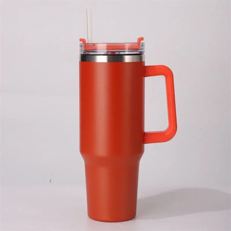 40oz 304 Stainless Steel Insulated Water Bottle,Thermal Coffee Car Cup, Cold Hot Mugs Vacuum Flask With Handle Straw,For Sport