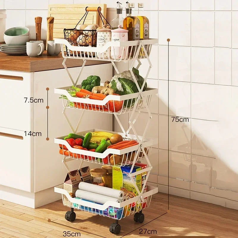 Kitchen Fruit Basket Crevice Vegetable Storage Carts Movable Floor-Mounted Shelf Folding Rack Multi-Layer Stackable Trolley Cart