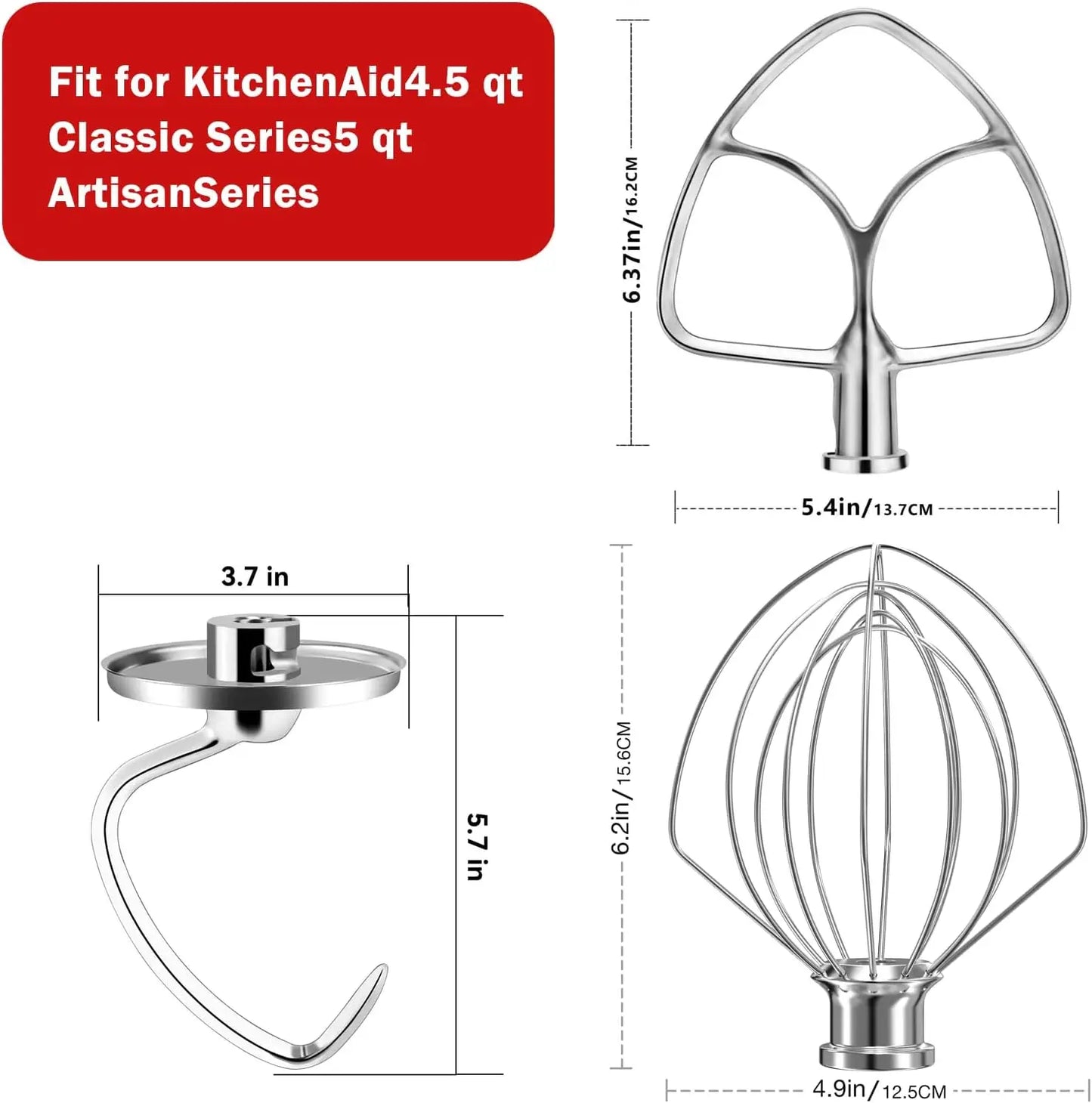Stainless Steel Stand Mixer Attachments 3-Piece ( Flat Beater, Dough Hook,Whip Attachment) for KitchenAidand 4.5-5 Quart Bowl