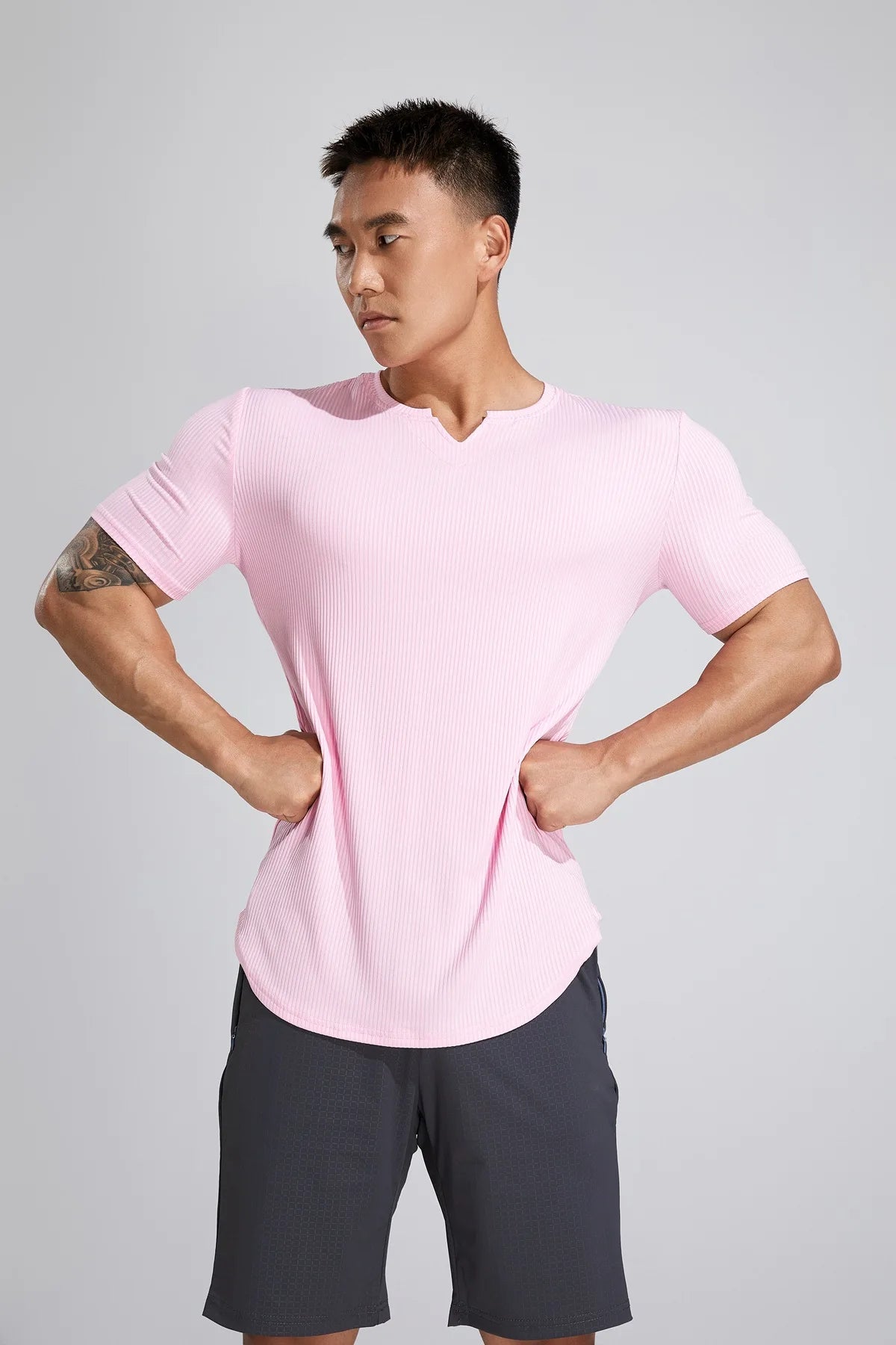 Sport Semi-tight Fitness Short Sleeve Men's Basketball Fall Running Training Solid Color Striped Stretch Sports T-shirt