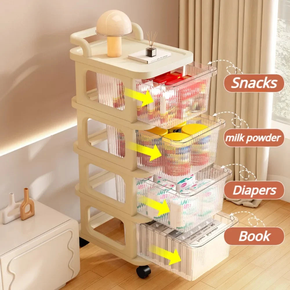 Kitchen Storage Cabinet Rack Transparent Multi-layer Small Cart Drawer Style Mobile Living Room Snack Sundries Shelf with Handle