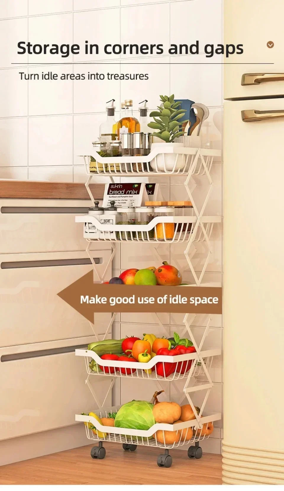 Kitchen Fruit Basket Crevice Vegetable Storage Carts Movable Floor-Mounted Shelf Folding Rack Multi-Layer Stackable Trolley Cart